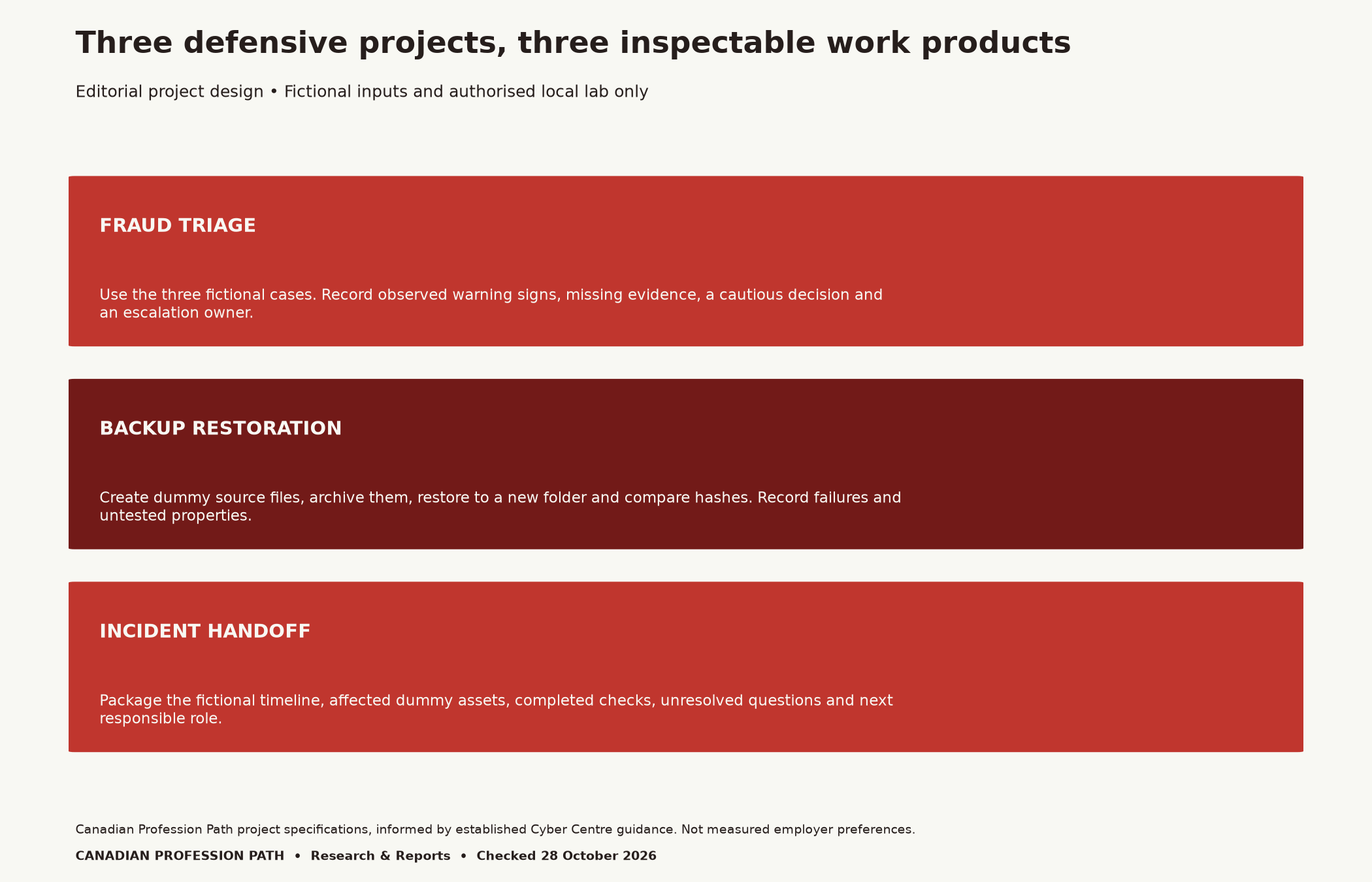 Editorial map of three defensive portfolio work products: fictional fraud-triage decision, authorised dummy-file restoration record and fictional incident-handoff pack. These are project specifications, not measured employer preferences.