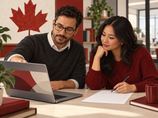 Conceptual illustration of colleagues practising AI skills in Canada by checking a laptop draft