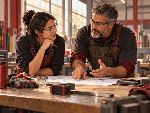Conceptual illustration of an apprentice and instructor discussing funded apprenticeships in a Canadian training workshop