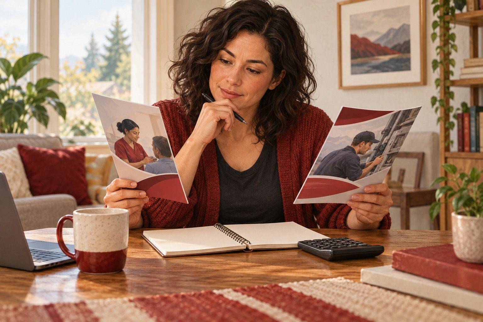 Conceptual illustration of a Canadian resident comparing funded apprenticeships and training costs at home.