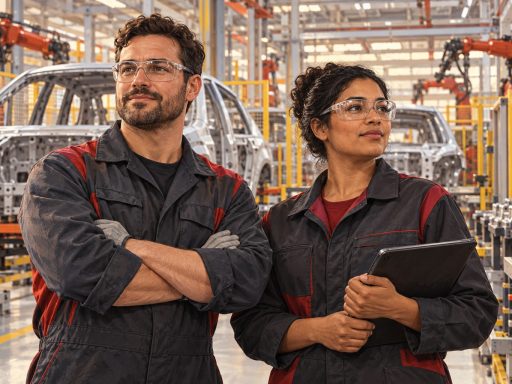 Conceptual illustration of two Canadian automotive manufacturing professionals in safety glasses inside a generic assembly facility.