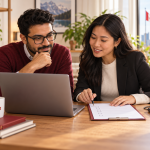 Conceptual AI illustration of two adult learners in a Canadian workspace reviewing a defensive cybersecurity work sample; not actual incident responders or evidence of a real breach.