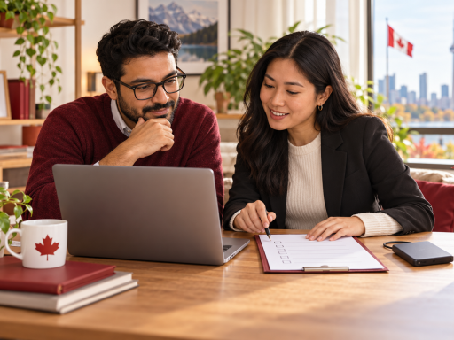Conceptual AI illustration of two adult learners in a Canadian workspace reviewing a defensive cybersecurity work sample; not actual incident responders or evidence of a real breach.