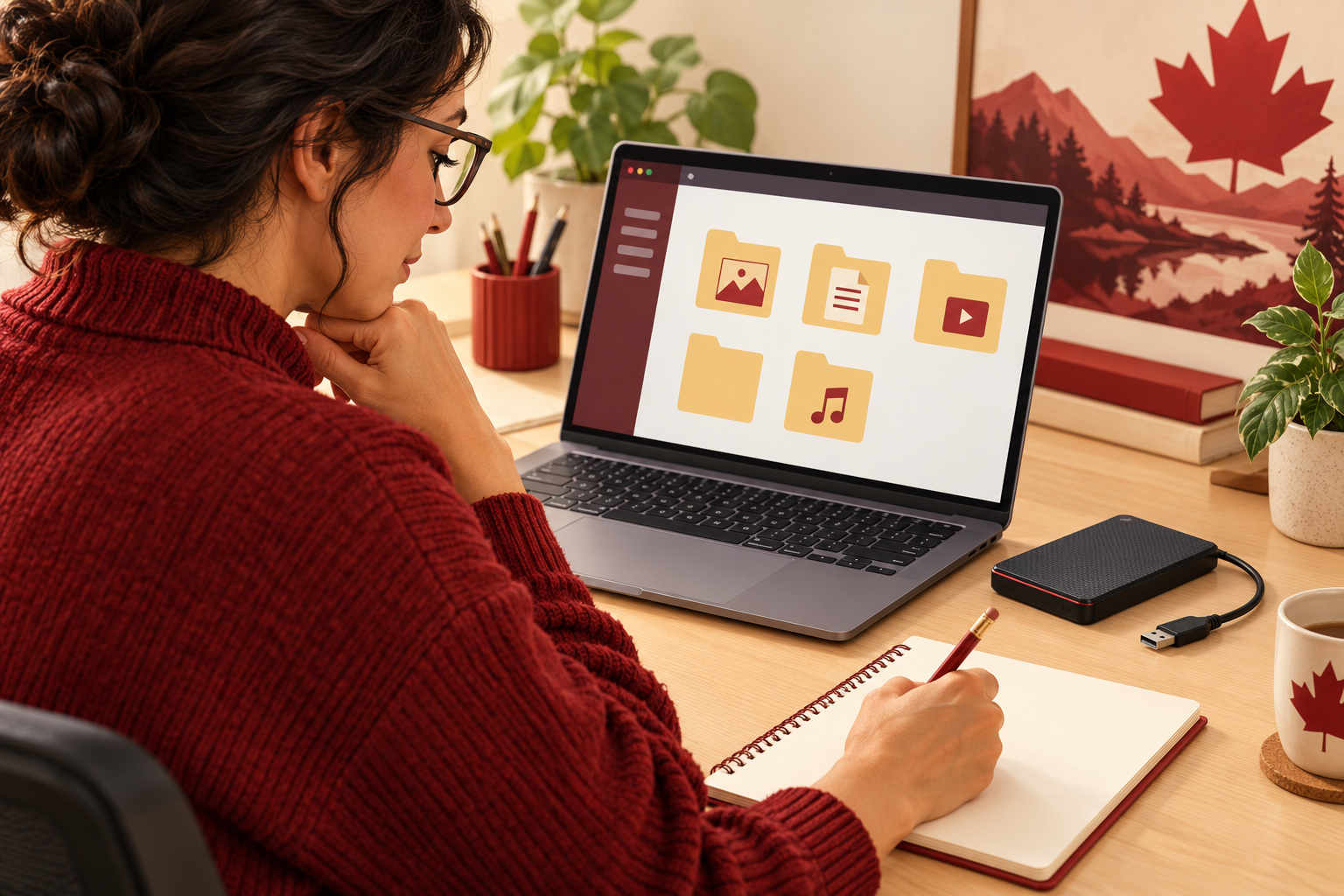 Conceptual AI illustration of a learner documenting a dummy-file backup exercise beside a laptop and external drive; not a photograph of our test or an actual business incident.