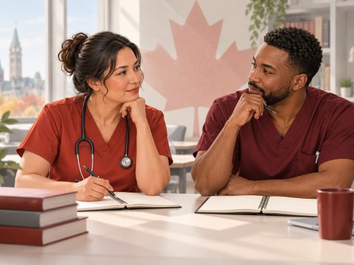 Conceptual illustration of two nurses comparing LPN vs RN career paths in Canada
