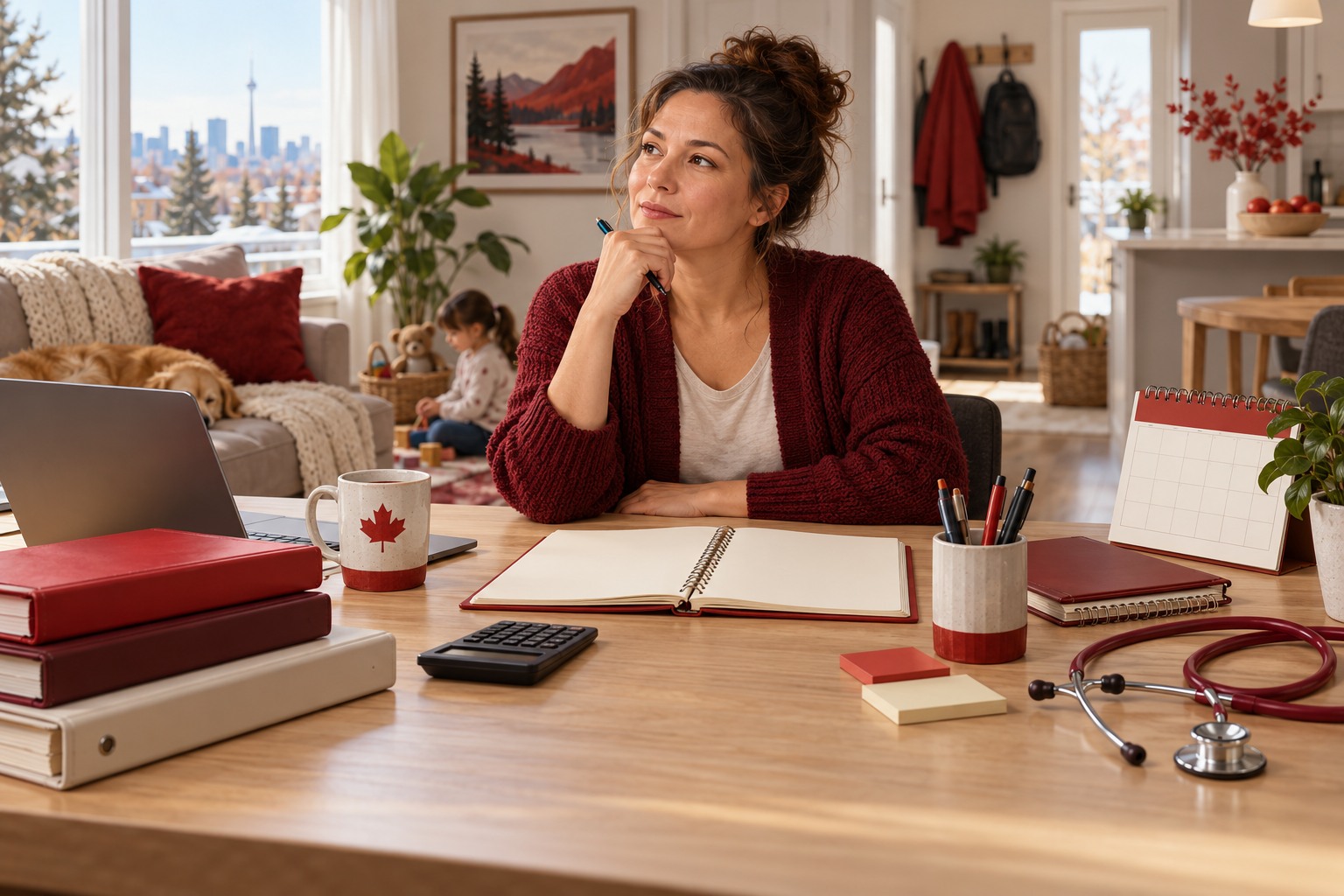 Conceptual illustration of a Canadian resident comparing nursing study options and household commitments at home.