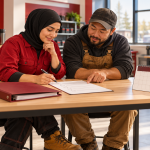 Conceptual AI illustration of Canadian adult tradespeople preparing blank certification paperwork and a calendar; not actual benefit recipients.