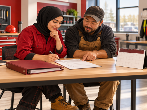 Conceptual AI illustration of Canadian adult tradespeople preparing blank certification paperwork and a calendar; not actual benefit recipients.