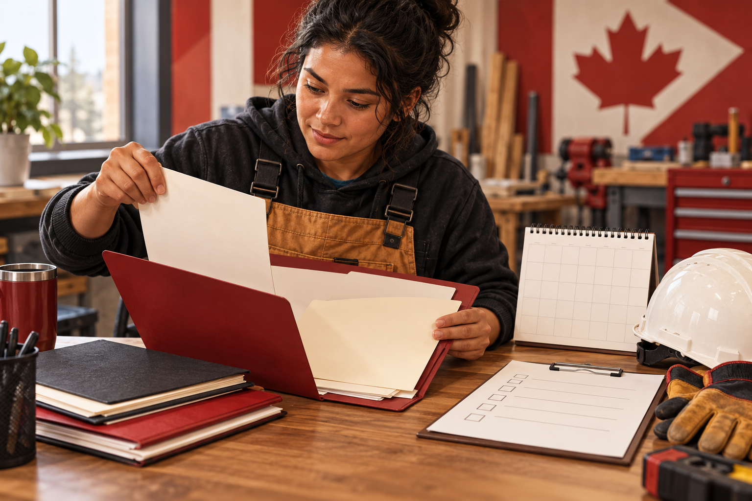Conceptual AI illustration of an adult Canadian tradesperson checking blank credential paperwork and a calendar; not a real applicant, government form or payment recipient.