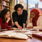 Conceptual AI illustration of three fictional researchers reviewing plans in a Canadian campus library. Not actual award recipients.