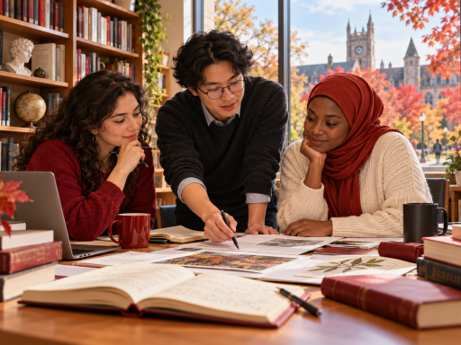 Conceptual AI illustration of three fictional researchers reviewing plans in a Canadian campus library. Not actual award recipients.