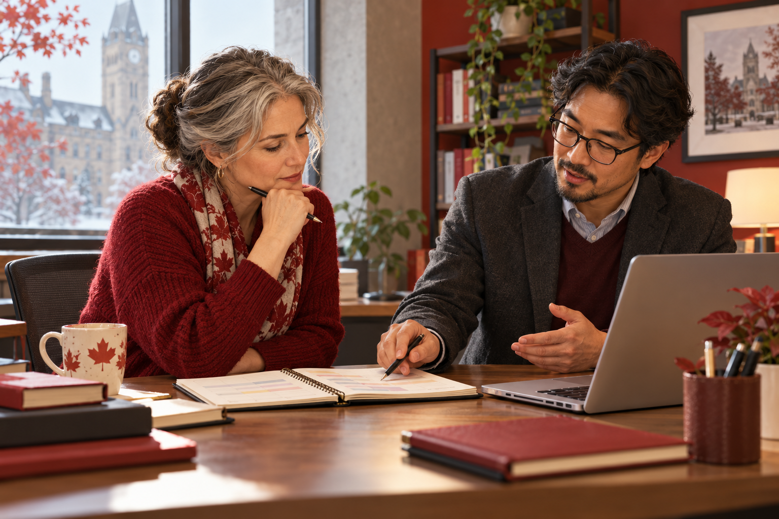 Conceptual AI-generated illustration of a fictional mature researcher and adviser reviewing a notebook and laptop while planning funding. Not actual award recipients or official application material.