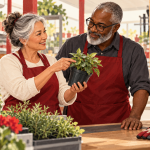 Conceptual AI illustration of two mature Canadian retail workers discussing a plant at a garden-store counter, accompanying research on retail jobs after 55 in Canada.
