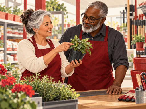 Conceptual AI illustration of two mature Canadian retail workers discussing a plant at a garden-store counter, accompanying research on retail jobs after 55 in Canada.