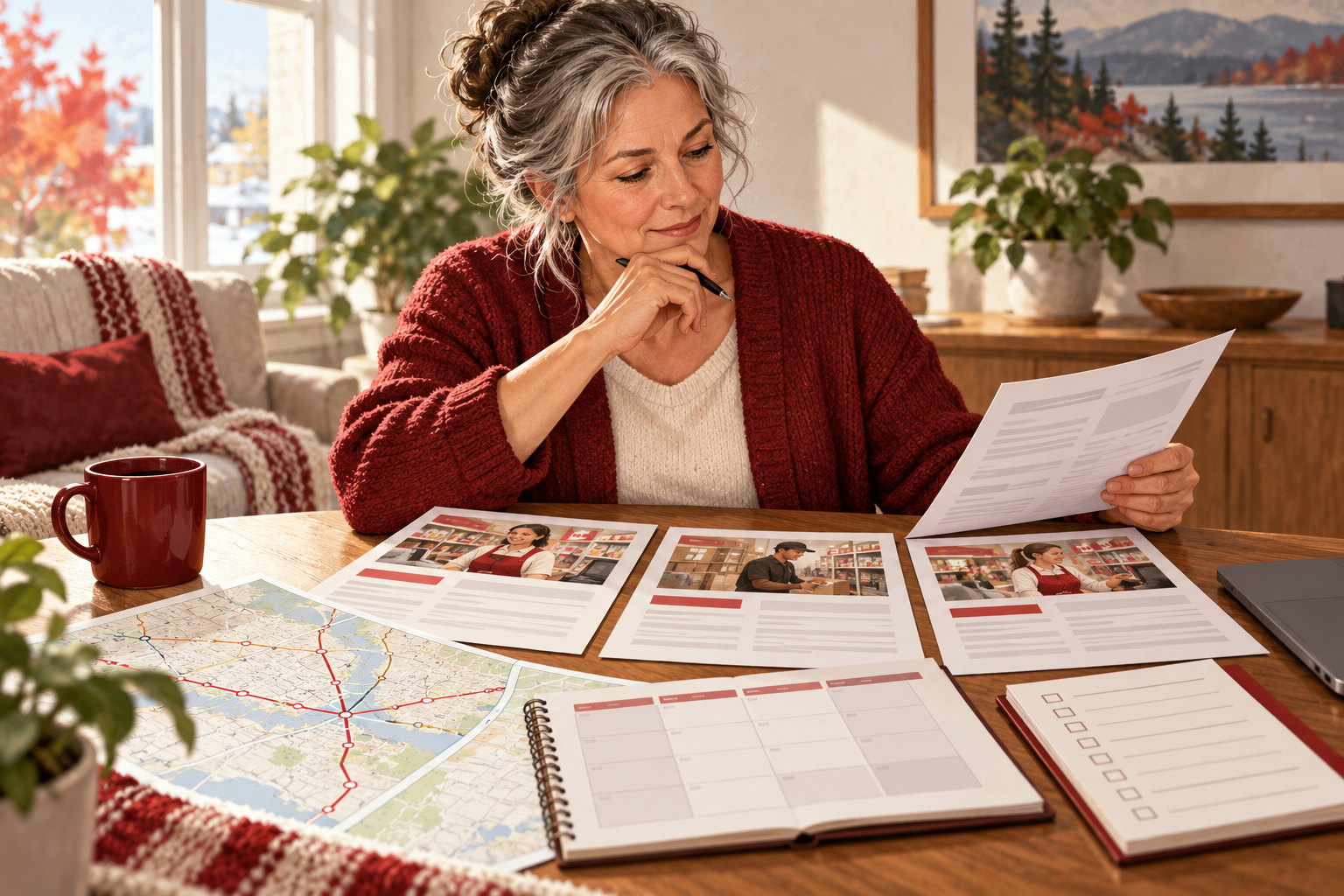 Conceptual AI-generated illustration of a mature jobseeker comparing retail job documents, a transport map and a weekly calendar at home. The scene does not depict a study participant or verified vacancy.