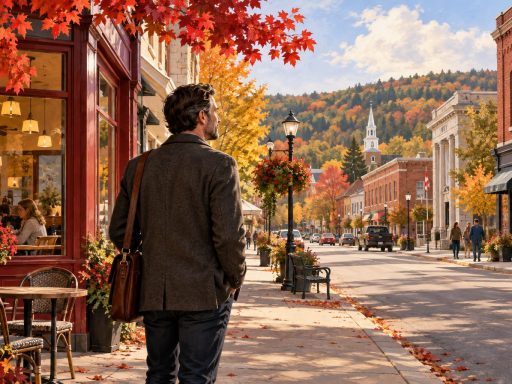 Conceptual illustration of a Canadian resident considering rural jobs on a small-town main street.