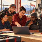 Conceptual AI illustration of Canadian workers learning together in a workshop, accompanying the Workforce Retention and Retraining Program employees guide. Fictional people, not programme participants.