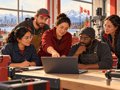 Conceptual AI illustration of Canadian workers learning together in a workshop, accompanying the Workforce Retention and Retraining Program employees guide. Fictional people, not programme participants.