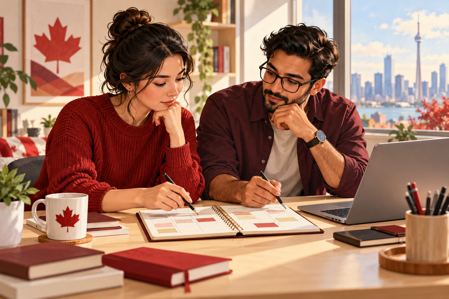 Conceptual AI-generated illustration of colleagues reviewing a weekly work-and-training plan at a desk. The people and documents are fictional, not approved programme participants or agreements.
